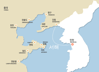 인천(대한민국)에서 단둥(중국)로 이동하는 선박 항로이미지입니다.